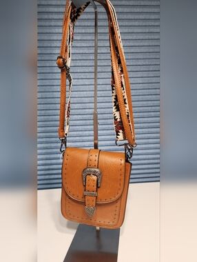 Sam &Hadley Tan Buckle-Accent Crossbody Bag with Patterned Strap-Trending